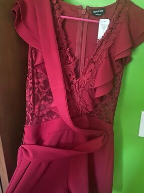 bebe Hot Pink Lace Ruffle Jumpsuit